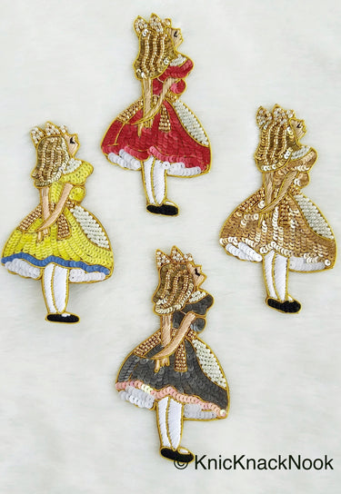 Embroidered Alice In Wonderland Applique With Gold And White Beads, Sequins In Gold, White & Grey / Red / Glitter Gold / Yellow - 210119L243